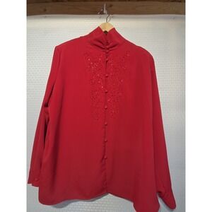 Christie & Jill Woman 20W Red Button Front Blouse Beaded Embroidery High Neck...